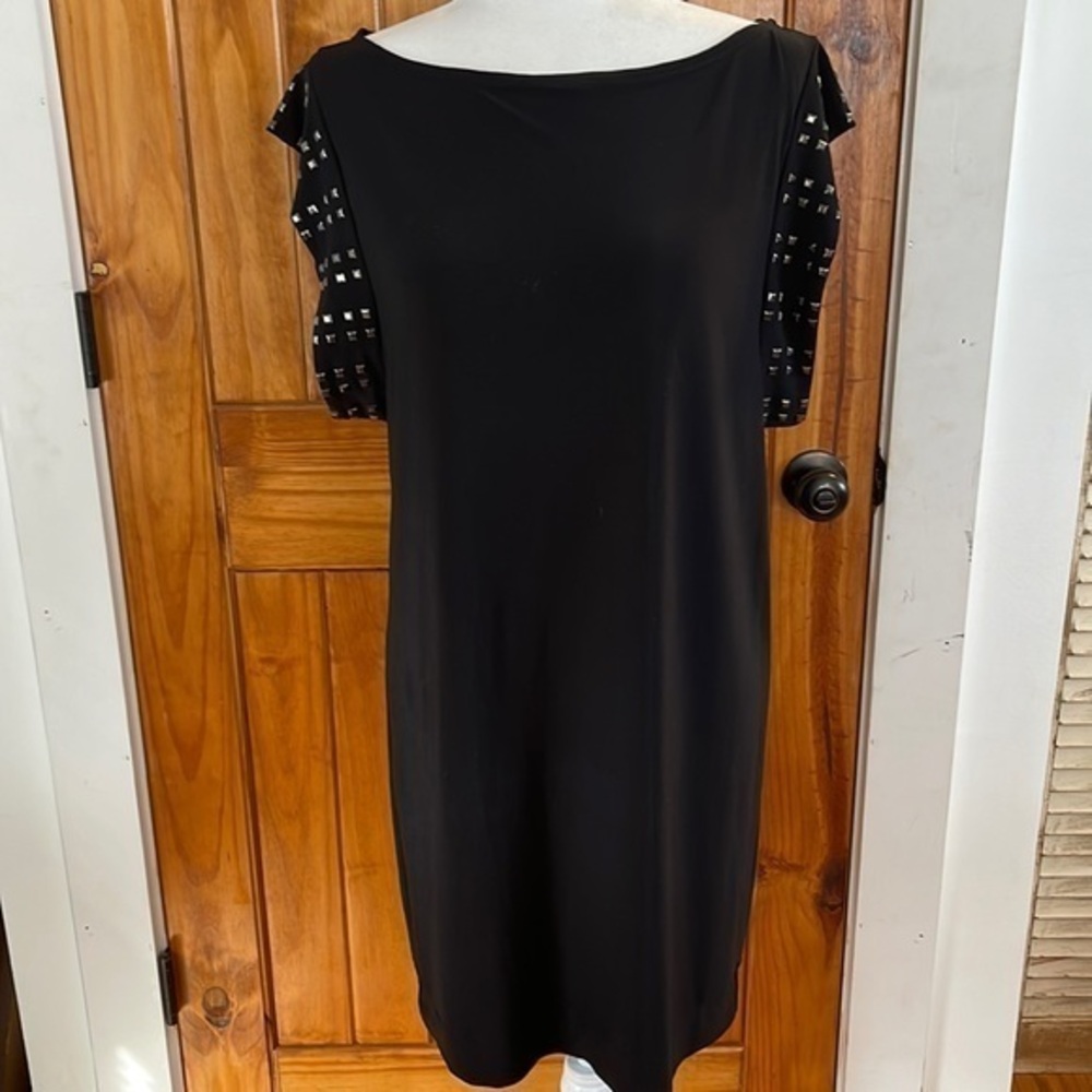 Bisou Bisou Black  Knit Shift Dress Studded  Short Sleeve 10 sleeveless midi